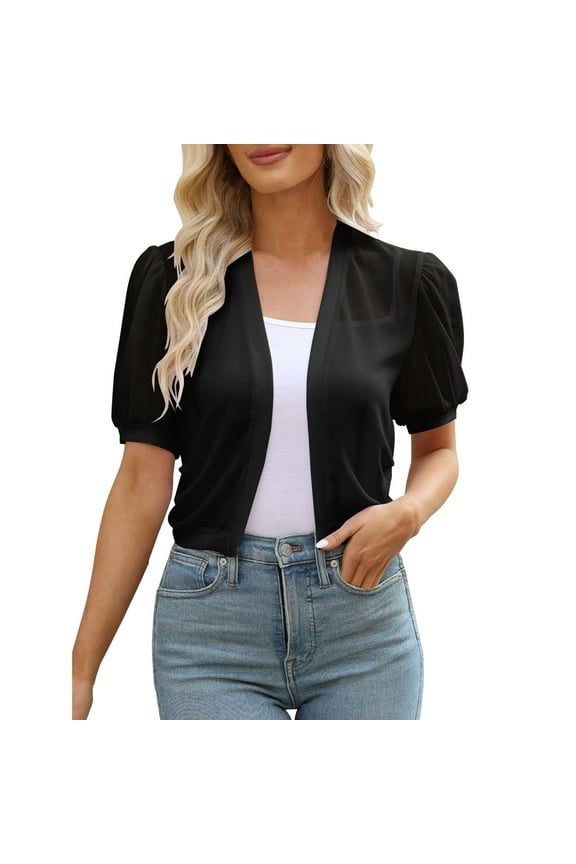 Riforla Women's Puff Sleeve Open Front Summer Cropped Sheer Jackets Cardigan Beach Cover Cardigan for Women Black S
