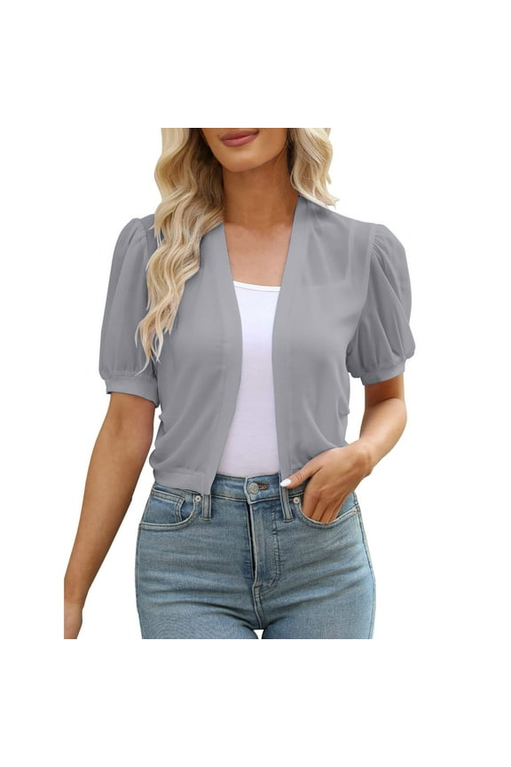 Riforla Women's Puff Sleeve Open Front Summer Cropped Sheer Jackets Cardigan Lightweight Cardigan for Women Grey XL