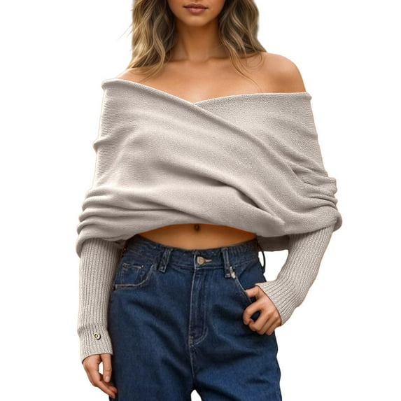 Ediodpoh Women's Pullover Sweater Versatile Neck Multicolor Design with off Shoulder Style Sweaters for Women for All Seasons Wear Beige