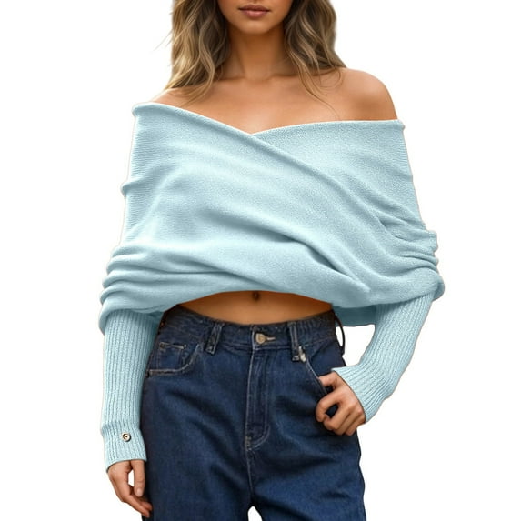 Ediodpoh Women's Pullover Sweater Versatile Neck Multicolor Design with off Shoulder Style Sweaters for Women for All Seasons Wear Blue