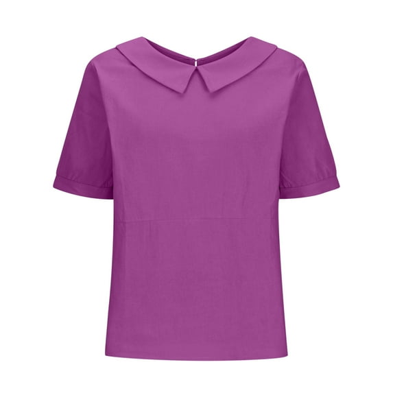 Ediodpoh Women's Retro Fashion Solid Color Loose Casual Turndown Neck Shirt Short Sleeved T Shirt Tops Women's Tops Purple L