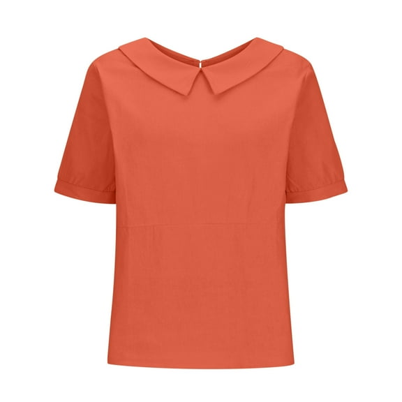 Ediodpoh Women's Retro Fashion Solid Color Loose Casual Turndown Neck Shirt Short Sleeved T Shirt Tops Women's Tops Red S