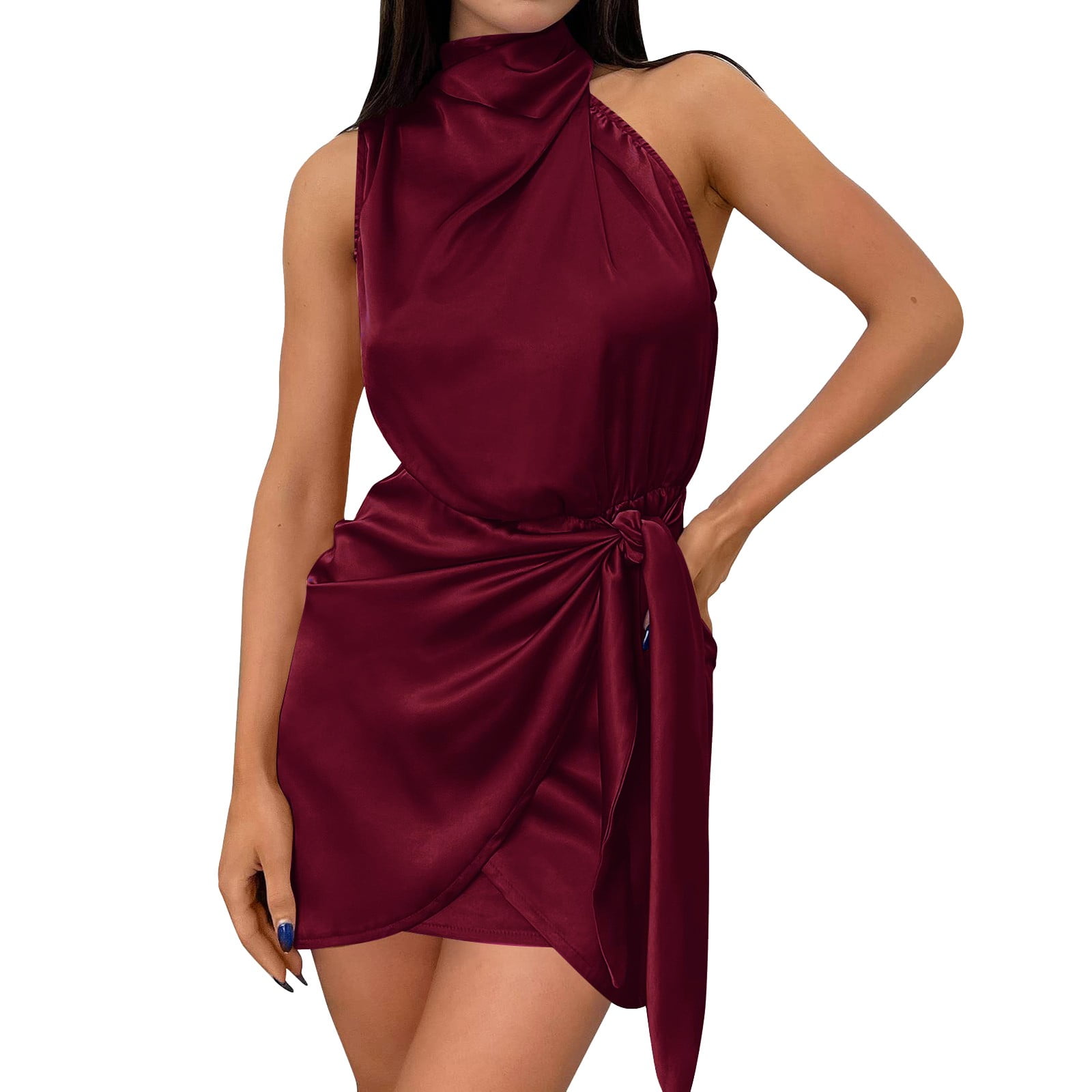 Satin halterneck outlet wrap bodycon dress