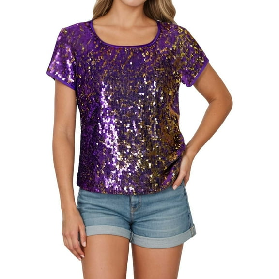 Ediodpoh Women's Sequin Short Sleeve T Shirt Round Neck Disco Party Top Casual Summer Blouse Shirt for Daily Wear and Night Out Womens T Shirts Purple S