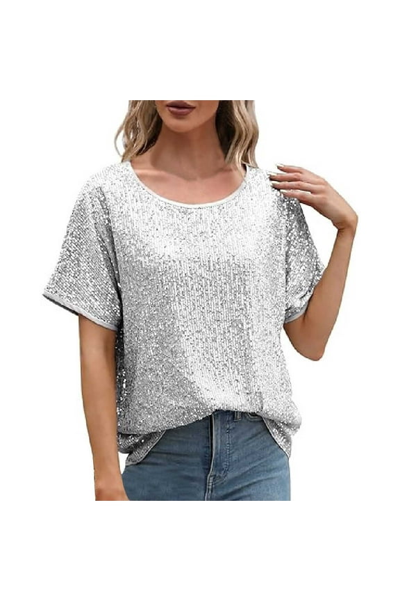 Women's Sequin Tops Sparkly Glitter Blouses Sequined Short Sleeve Shirts for Holiday Club Night T Shirts for Women Silver XXL