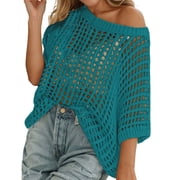 Fgnfyis Womens Summer Scoop Neck Short Sleeve Sweater Casual Crochet Hollow Out Knit Tops Pullover Shirts Beach Coverup Womens Tops Green S