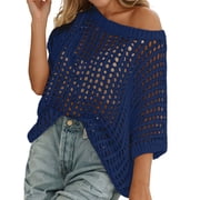 Fgnfyis Womens Summer Scoop Neck Short Sleeve Sweater Casual Crochet Hollow Out Knit Tops Pullover Shirts Beach Coverup Womens Tops Navy M