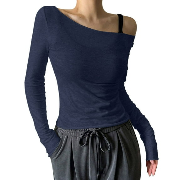 Ediodpoh Women's Sheer Mesh off The Shoulder Tops Long Sleeve See Through Shirts Going Out Party Club Outfits Womens Tshirts Navy S