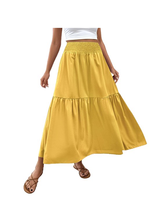 Ediodpoh Women's Skirts High Waist A Line Skirt with Three Layer Tiered Design for Daily Casual Wear Comfortable Stretchy Flowy Midi Long Skirts for Women Yellow S
