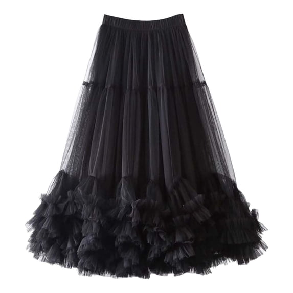 Ediodpoh Women's Skirts Party Skirt Layered High Waist Flared Midi Skirt with Ruffle Trim for Prom Night Ballet Skirt Black One Size