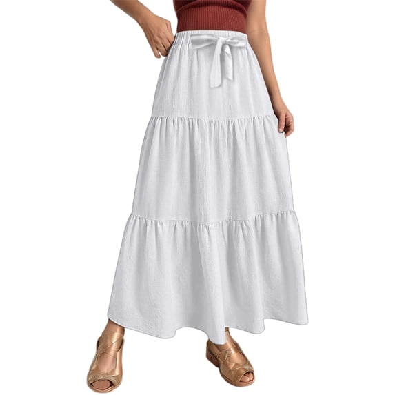Ediodpoh Women's Skirts Summer Linen Solid Color A Line Wrap Skirt with Drawstring Flowy Boho Ruffle High Waist Beach Maxi Skirts White XL