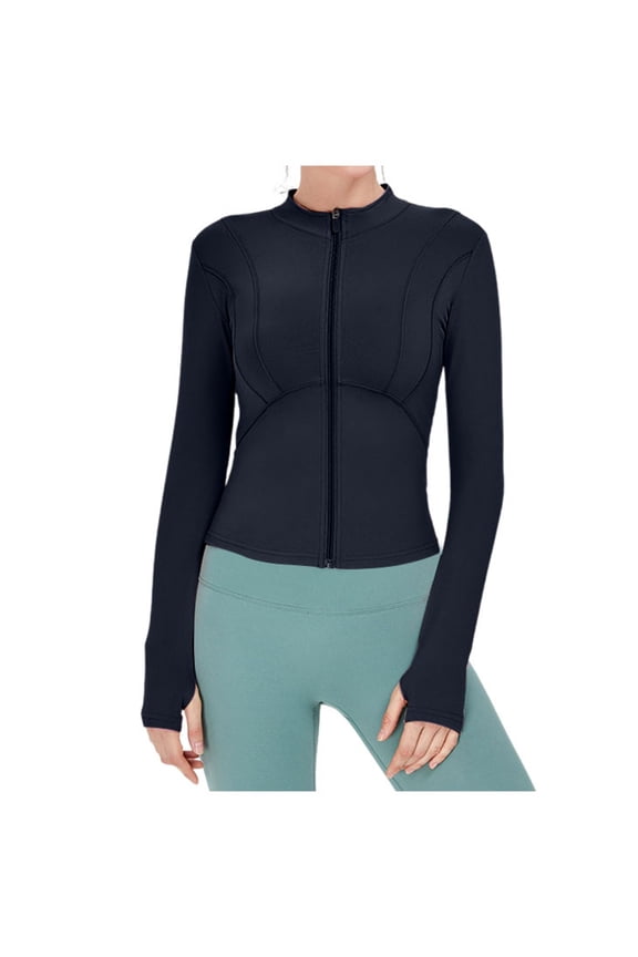Women’s Slim Fit Seamless Yoga Jacket with Zipper Solid Color Body Contouring Design for Fitness Black S