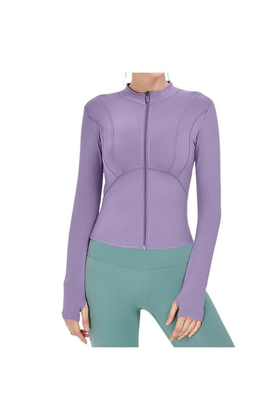Women’s Slim Fit Seamless Yoga Jacket with Zipper Solid Color Body Contouring Design for Fitness Purple S