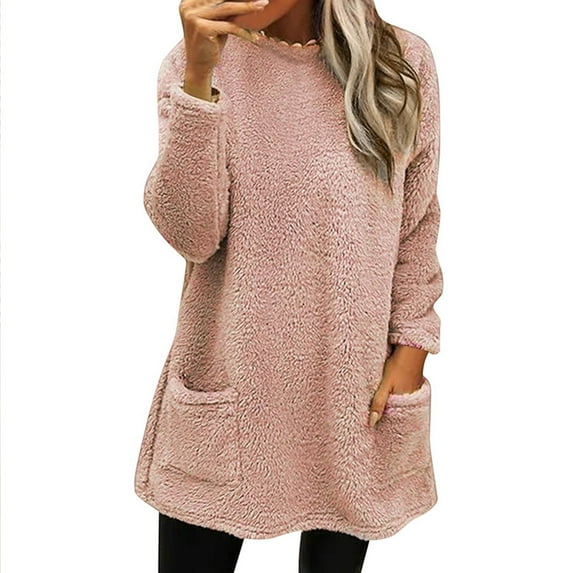Ediodpoh Women's Solid Color Autumn Winter Warm Round Neck Long Sleeve Pocket Casual Sweatshirts for Women Dress Pullover Tunic Pink XL