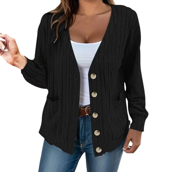 Ediodpoh Women's Solid Color Button Down V Neck Loose Long Sleeved Cardigan Classic Cardigans for Women Black XXL