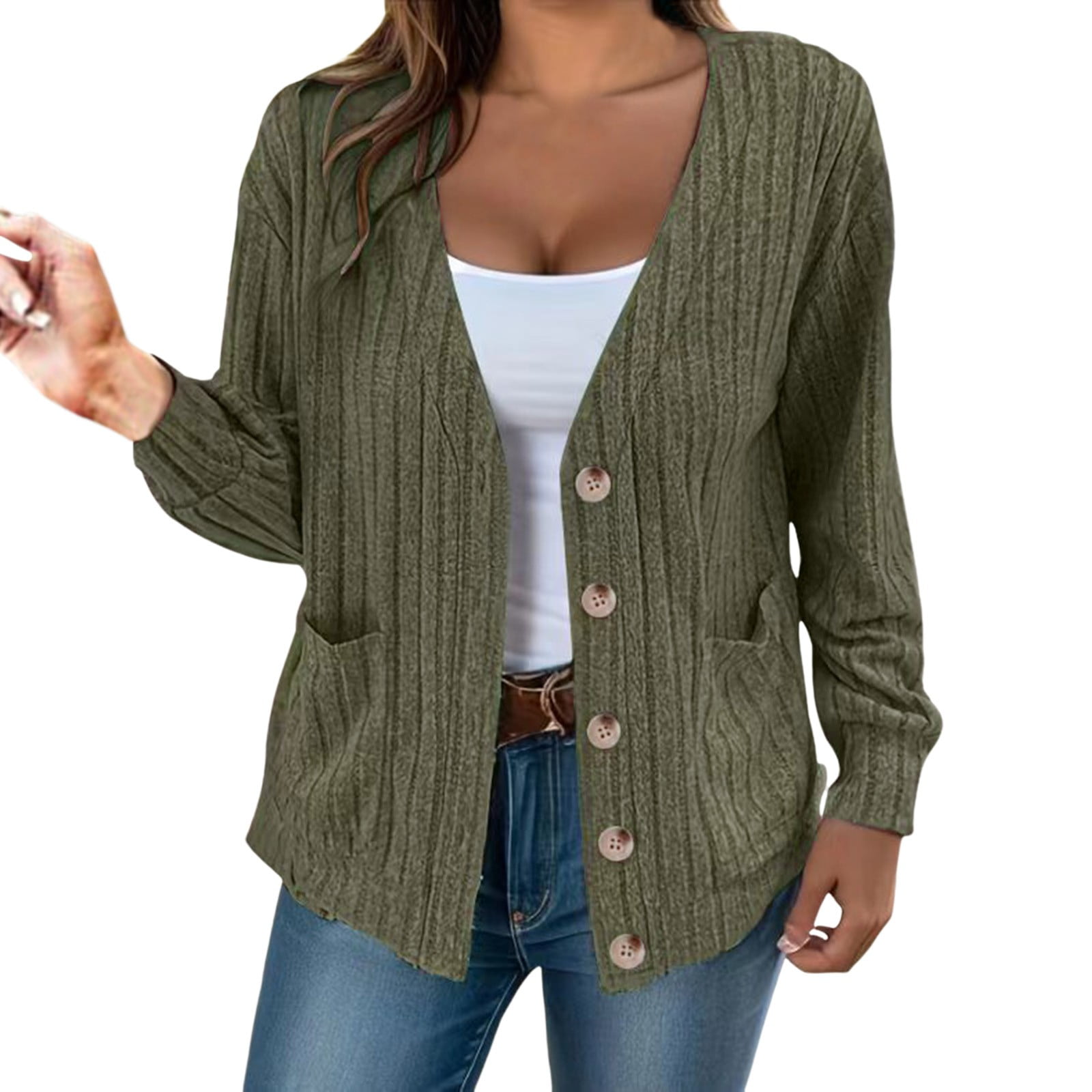 Ediodpoh Women's Solid Color Button Down V Neck Loose Long Sleeved ...