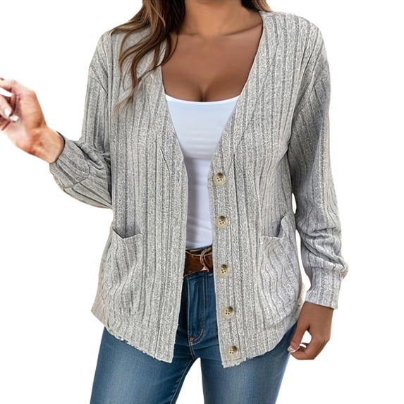 Ediodpoh Women's Solid Color Button Down V Neck Loose Long Sleeved Cardigan Classic Cardigans for Women Grey S