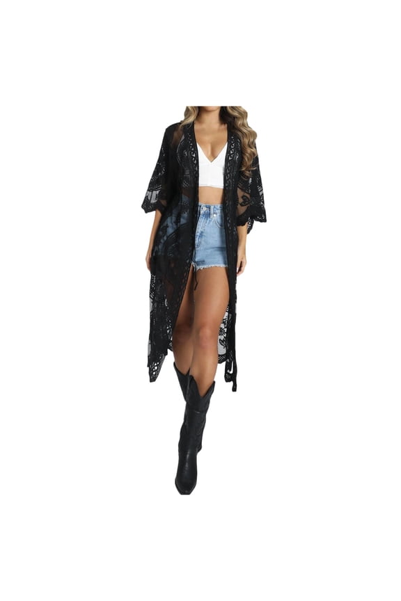 Women's Solid Color Lace Coat Long Sleeve Sunscreen Cardigan Sheer Long Cardigan Sweaters for Women Black