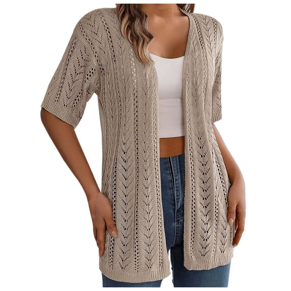 Ediodpoh Women’s Solid Color Summer Crochet Short Sleeve Knit Cardigan for Women Lightweight Open Front Sun Cover Up Khaki M