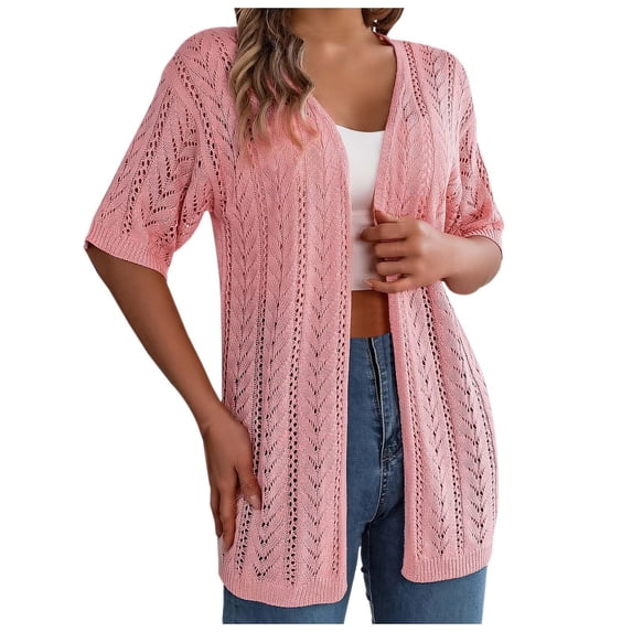 Fgnfyis Womenâs Solid Color Summer Crochet Short Sleeve Knit Cardigan for Women Lightweight Open Front Sun Cover Up Pink S