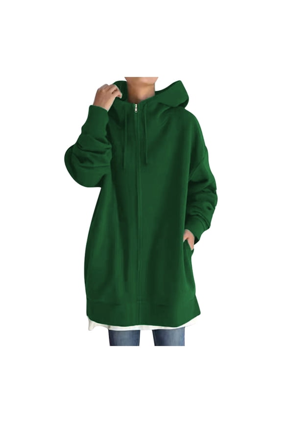Women's Solid Color Zippered Hooded Longline Lined Streetwear hoodies for women Pullover Jacket Green XL
