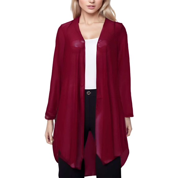 Ediodpoh Women's Solid Thin Transparent Mesh Cardigan for Women Three Quarter Sleeve Mid Length Shawl Coat Red XXXL