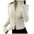thumbnail image 1 of Ediodpoh Women's Stand up Collar Striped Double Zip Sweater Sweater Jacket Tight Stretch Top Knit Tops for Women Beige M, 1 of 4