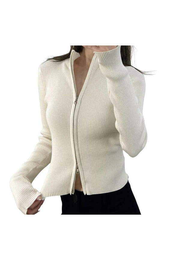 Women's Stand up Collar Striped Double Zip Sweater Sweater Jacket Tight Stretch Top Knit Tops for Women Beige M