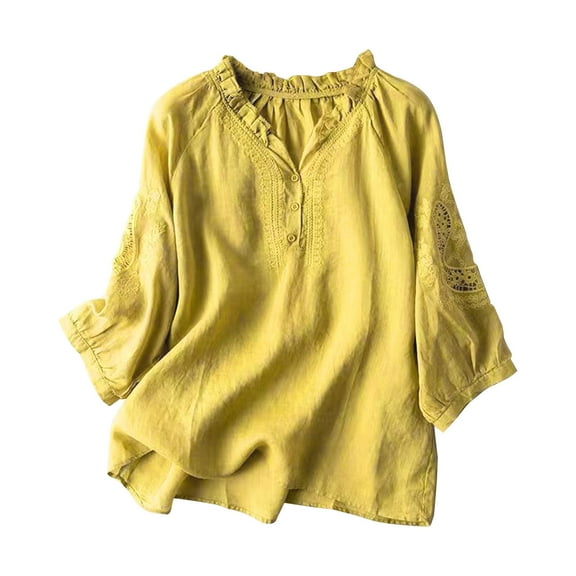 Ediodpoh Women's Summer Loose Embroidered Floral Linen V Neck 3/4 Sleeve Shirt Blouse Top Tshirts for Women Yellow XXL