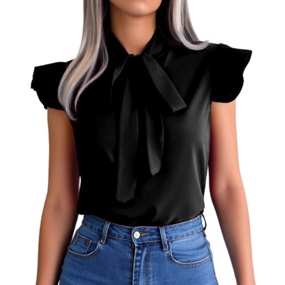 Fgnfyis T Shirts for Women Women's Summer Solid Color Ruffle Collar Bow Detail Short Sleeve Shirt Top Womens Tops Black XL