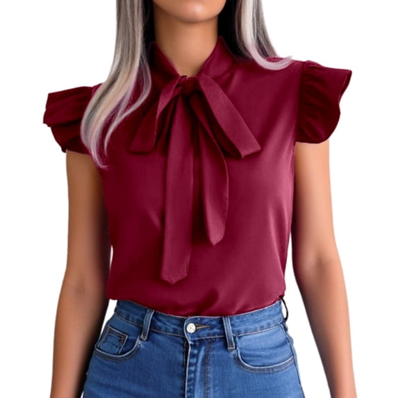 Fgnfyis T Shirts for Women Women's Summer Solid Color Ruffle Collar Bow Detail Short Sleeve Shirt Top Womens Tops Red L