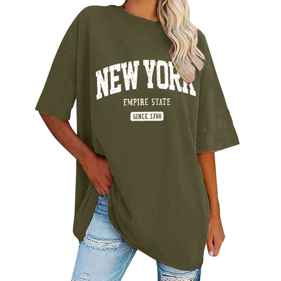 Ediodpoh Women's Sweatshirt Summer Half Sleeved Long Shirt Vintage New York Letter Print Casual Fashion T Shirt T Shirts for Women Army Green L