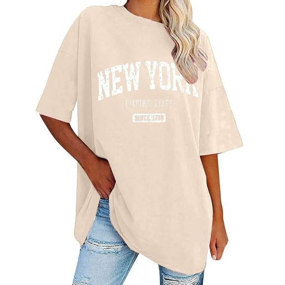 Ediodpoh Women's Sweatshirt Summer Half Sleeved Long Shirt Vintage New York Letter Print Casual Fashion T Shirt T Shirts for Women Khaki L