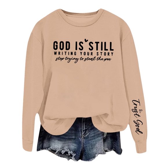Fgnfyis Women's Sweatshirts Letter Print Pullover Round Neck Top for Fall and Winter Casual Comfortable Sweatshirt Khaki S