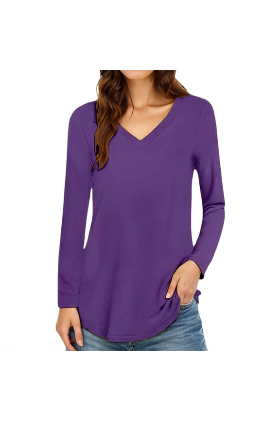 Fgnfyis Women's T-Shirts V Neck Long Sleeve Solid Color T Shirt Casual Everyday Wear for Fall and Winter Fashion T Shirts for Women Dark Purple XXL