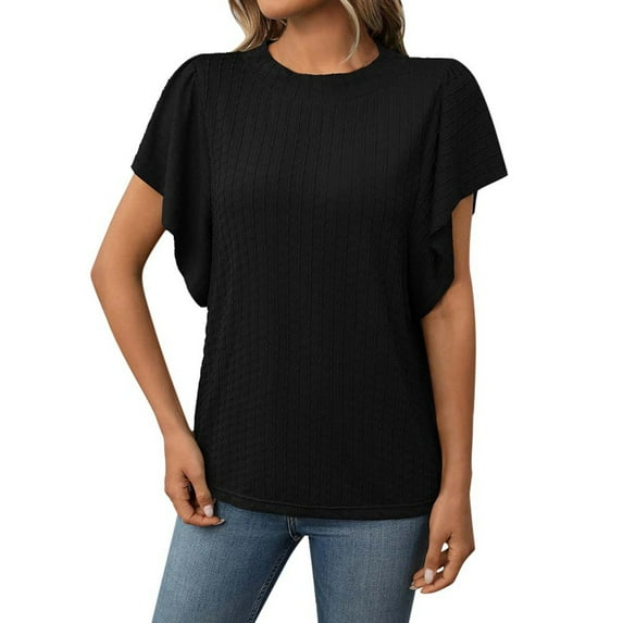 Ediodpoh Women's Textured Round Neck Flutter Sleeve T Shirt for Casual Wear T Shirts for Women Black M