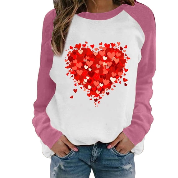 Fgnfyis Women's Valentine's Day Print Raglan Sleeves Round Neck Pullover Hoodies for Women Blouse Pink XXL