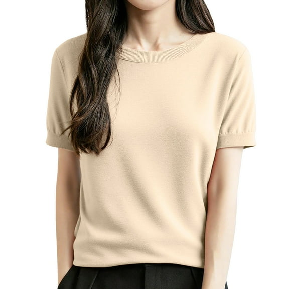 Ediodpoh Women's Wool Blend Summer Fall Tops Lightweight Business Casual Round Neck Blouses Knit Tops for Women for Easy Layering Beige M