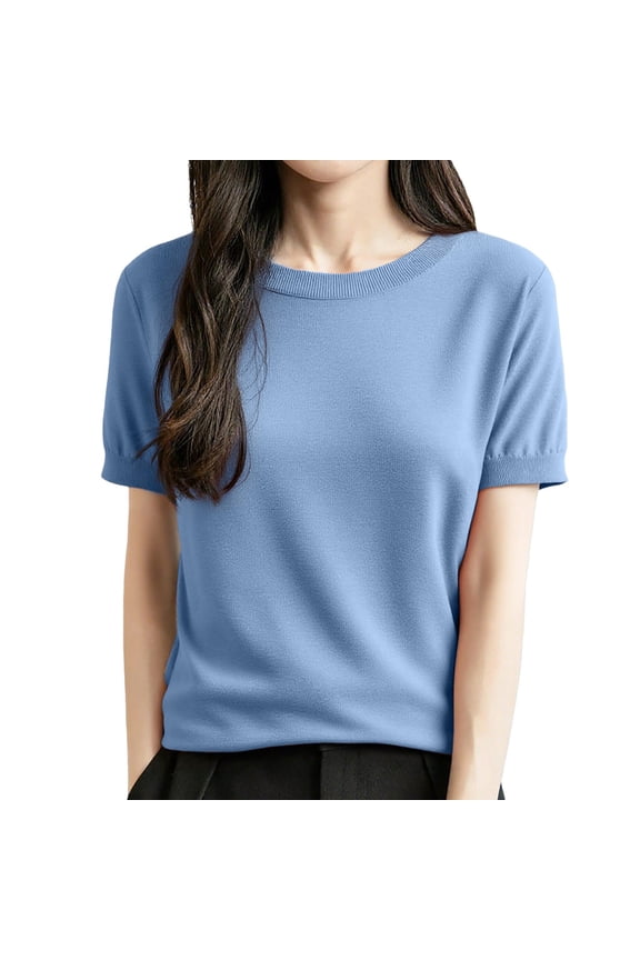 Women's Wool Blend Summer Fall Tops Lightweight Business Casual Round Neck Blouses Knit Tops for Women for Easy Layering Light Blue M