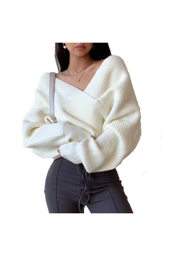 Women's Wrap V Neck Cropped Sweaters 2025 Fall Long Sleeve Front off Shoulder Solid Knitted Pullover Tops Fall Sweaters for Women White