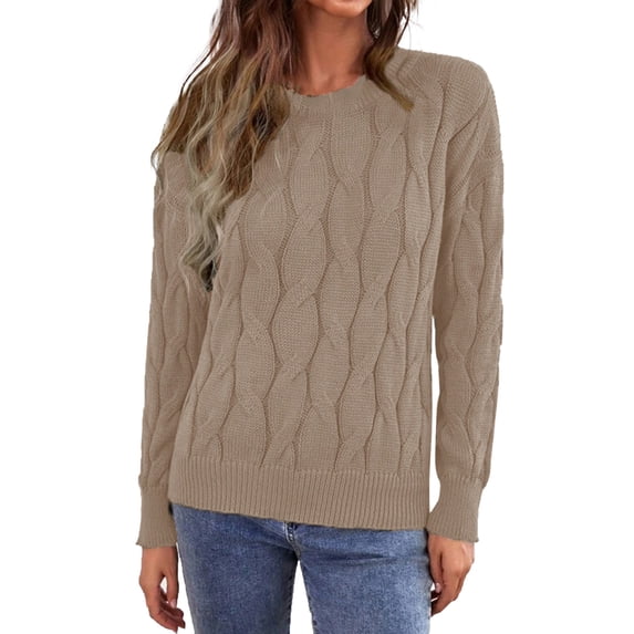 Ediodpoh Womens 2024 Cute Elegant Soft Crewneck Long Sleeve Hollow Cable Knit Pullover Sweaters Women Sweaters Khaki S