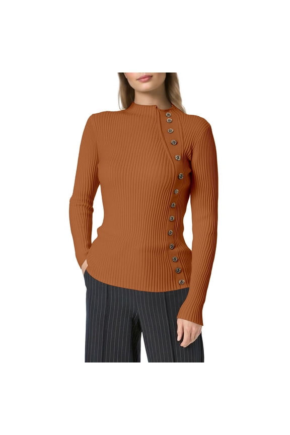 Womens Autumn Winter Warm Solid Color Half Turtleneck Button Down Sweater Top Womens Sweaters Brown M