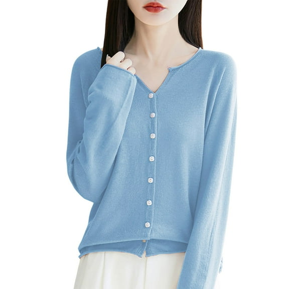 Ediodpoh Womens Cardigan Lightweight Seamless Knit V Neck Open Front Jacket with Rolled Edges for Comfortable Layering Sky Blue L