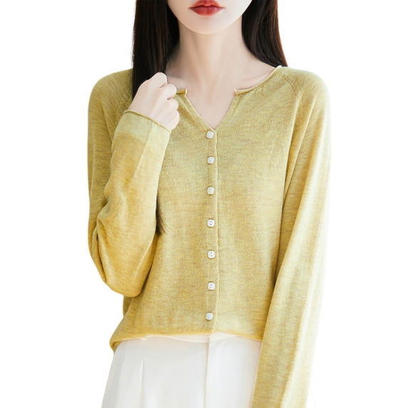 Ediodpoh Womens Cardigan Lightweight Seamless Knit V Neck Open Front Jacket with Rolled Edges for Comfortable Layering Yellow M
