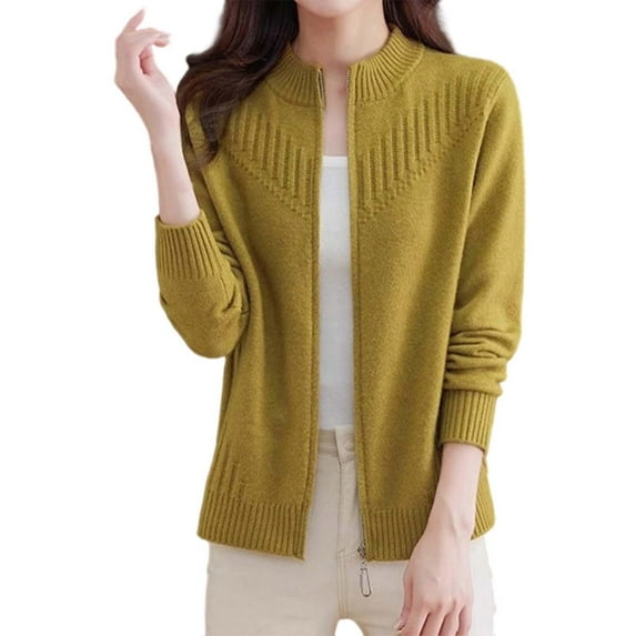 Ediodpoh Womens Cardigan Sweaters Knit Sweater Coat Short Zip up Semi High Neck Loose Fit Pure Color Soft Yarn Outerwear Yellow