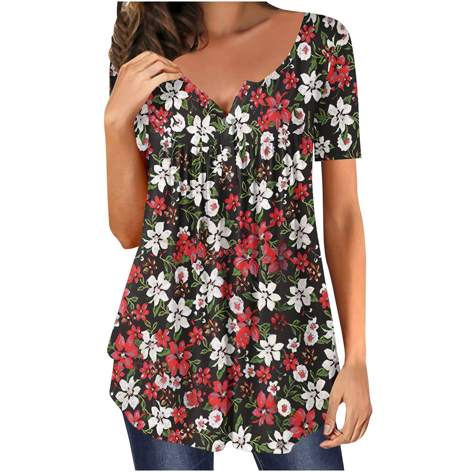 Ediodpoh Womens Casual Flower Printed T Shirt Buttons U Neck Short