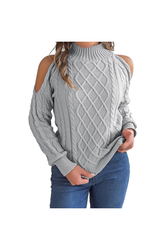 Ediodpoh Womens Cold Shoulder Turtleneck Sweaters Fall Winter Long Sleeve Soft Knit Pullovers Sweaters for Women for Tops Grey S