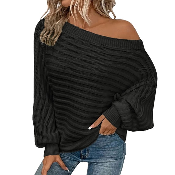 Ediodpoh Womens Fall Sweaters off The Shoulder Batwing Sleeve Textured Knit Tops Oversized One Shoulder Sweater Fall Sweaters for Women Black M