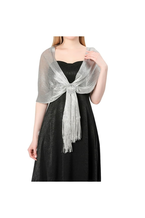 Womens Fashion Solid Color Shawl Scarf with Shiny Metal Buckle Detail Elegant Wrap Silver