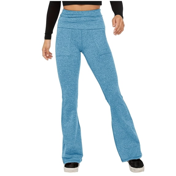 Ediodpoh Womens Flare Leggings Fold Over Yoga Workout Gym Pants with Pockets Bootcut Bottom Pants for Women Sky Blue S